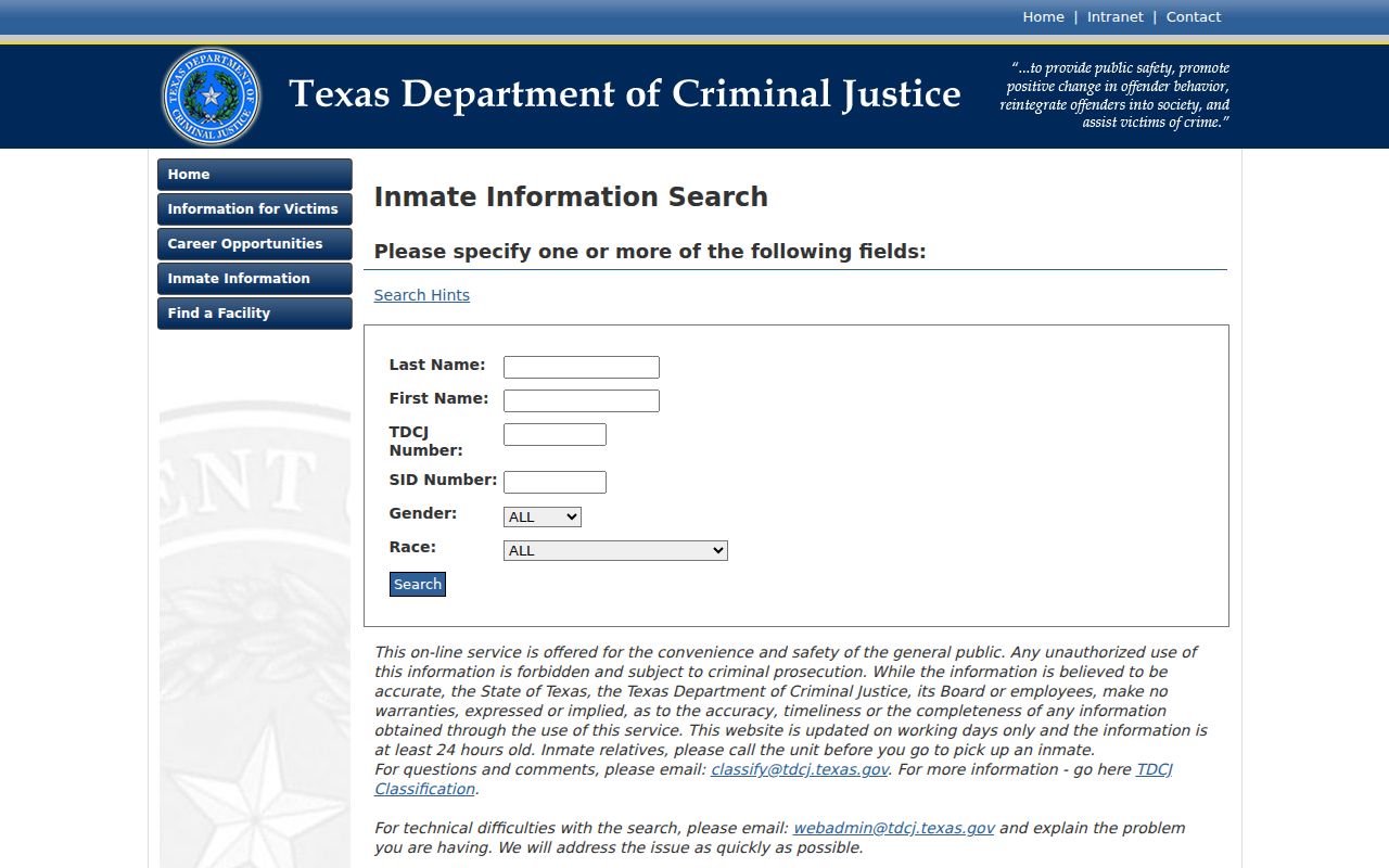 TDCJ sentenced prisoner search for Schleicher County arrest history follow-up
