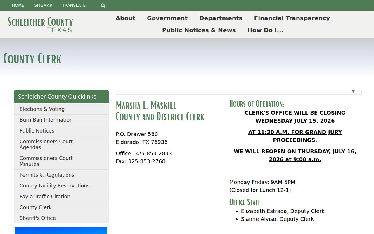 Schleicher County criminal case records County Clerk page