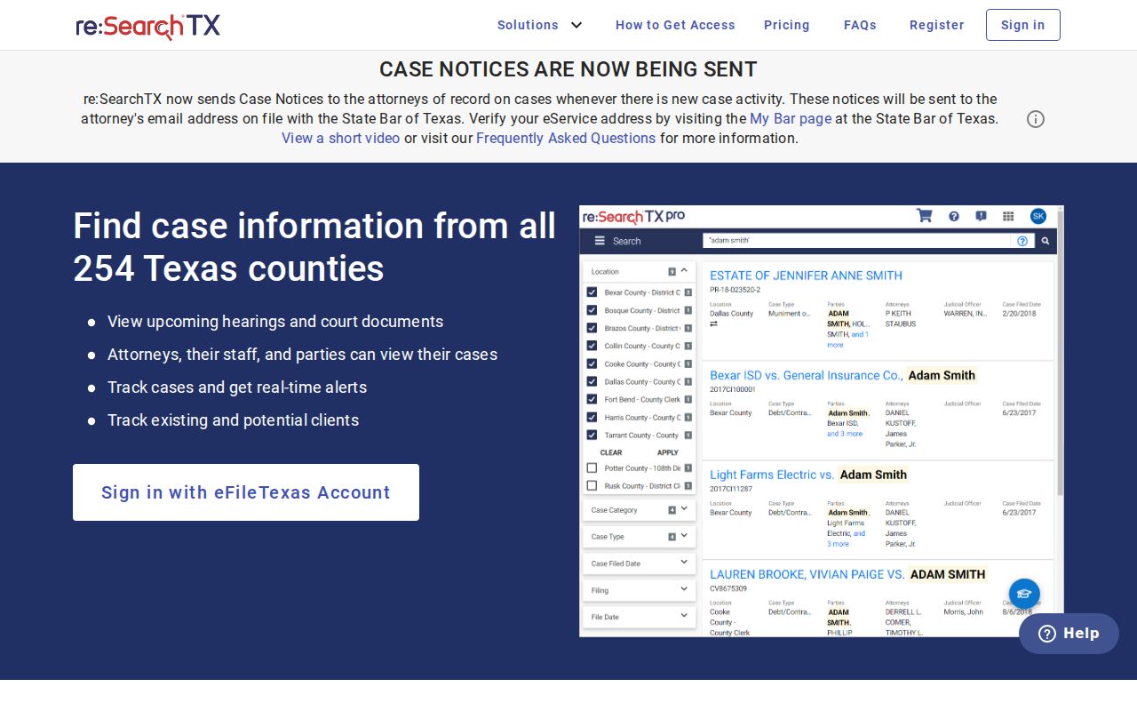 re:SearchTX platform for Schleicher County criminal court case records