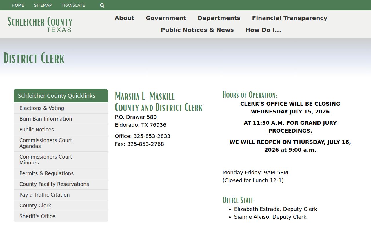 Schleicher County criminal court records clerk page