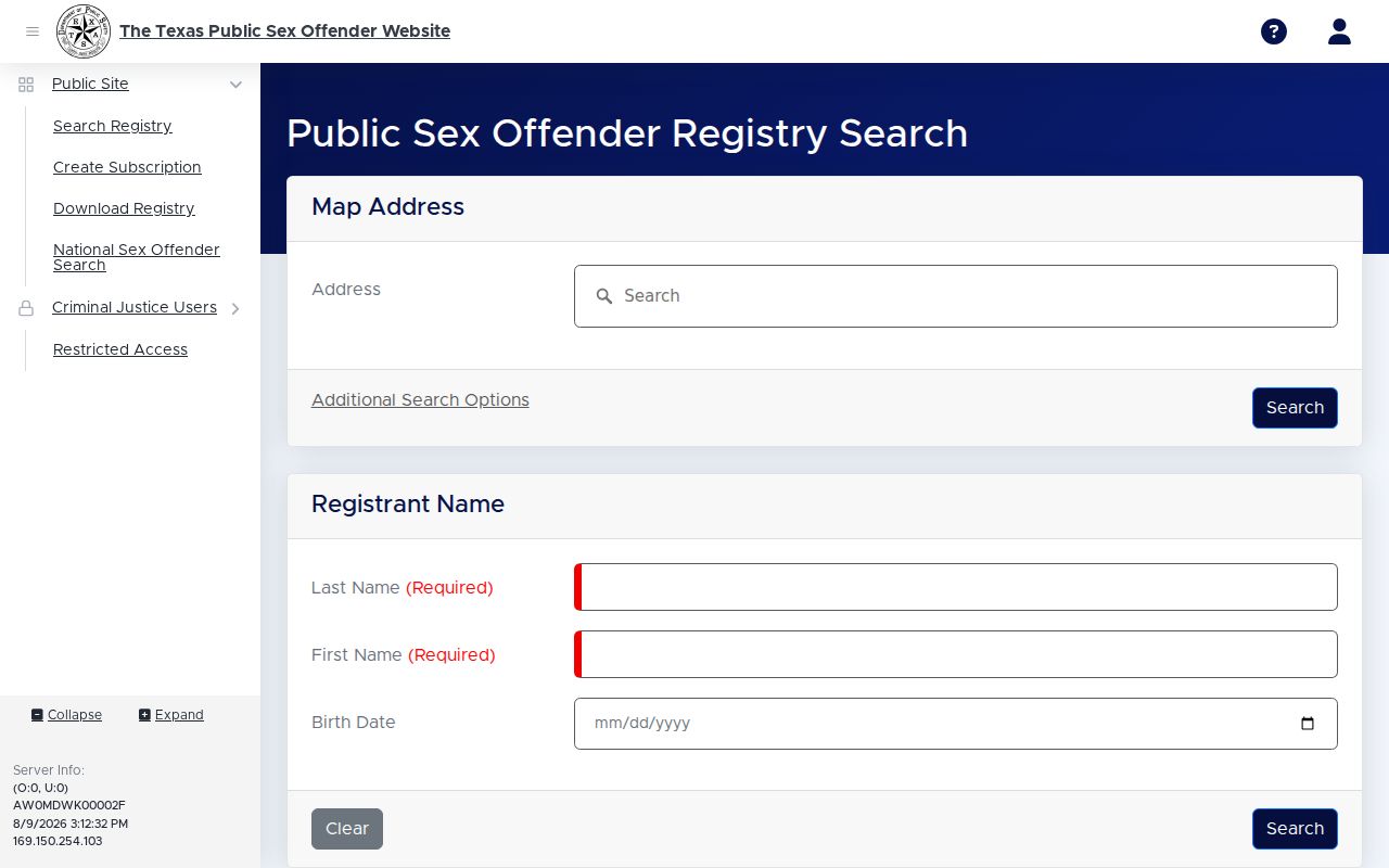 Schleicher County sex offender registry search interface from Texas DPS